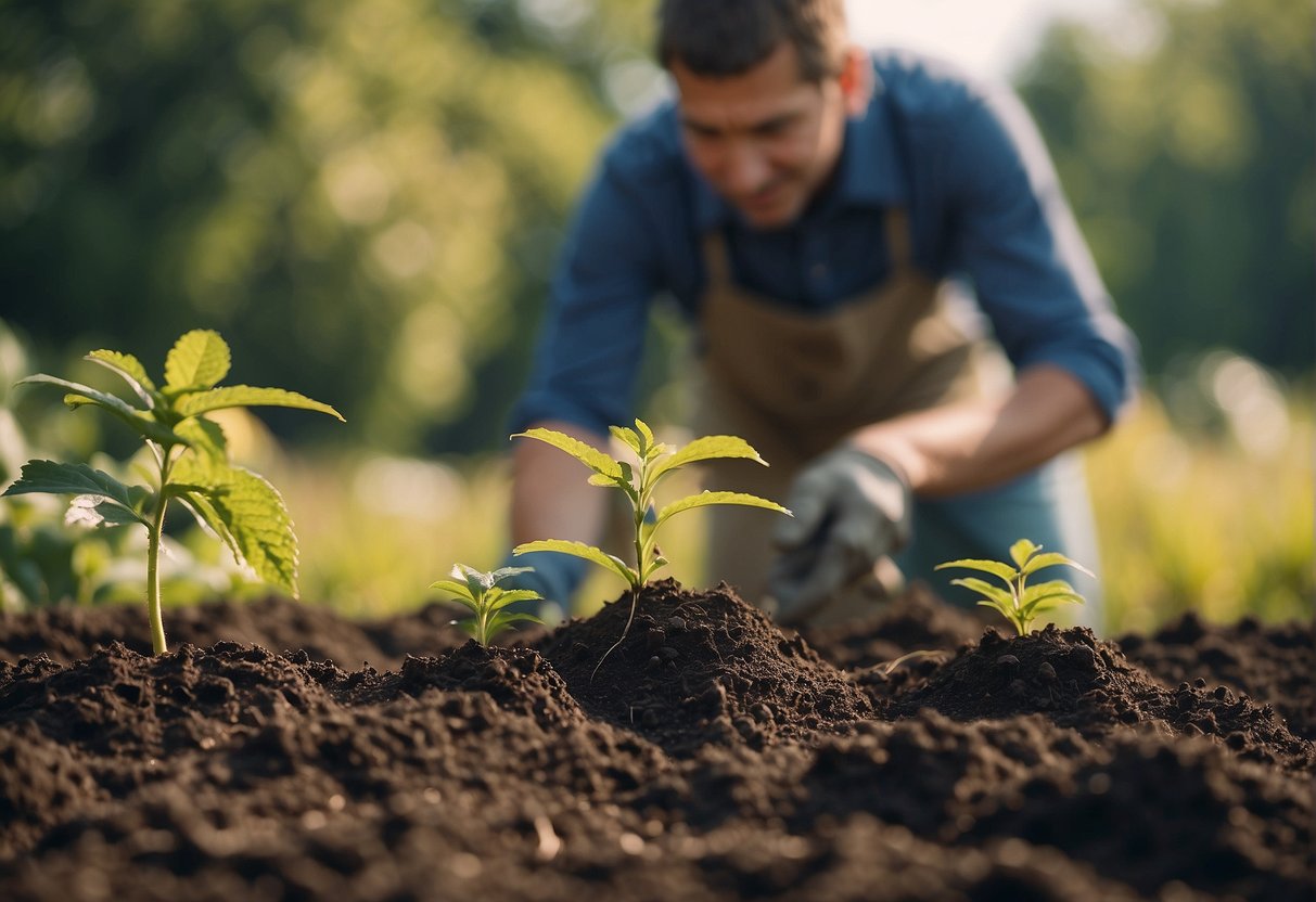 A person digs a hole in the soil, plants a beautyberry bush, waters it, and adds mulch for ongoing care