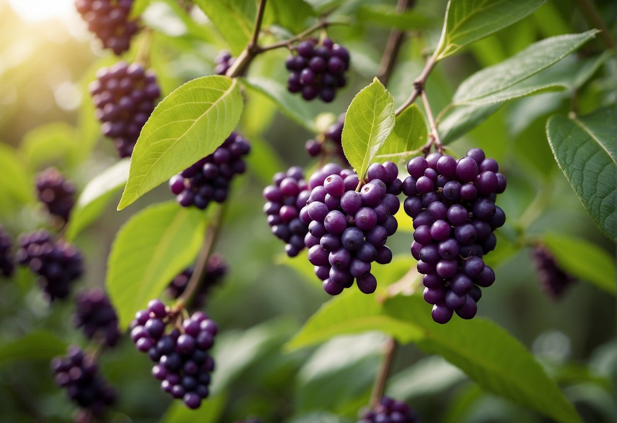 Lush green foliage surrounds a cluster of vibrant purple American beautyberry berries, hanging from the branches of a well-established shrub