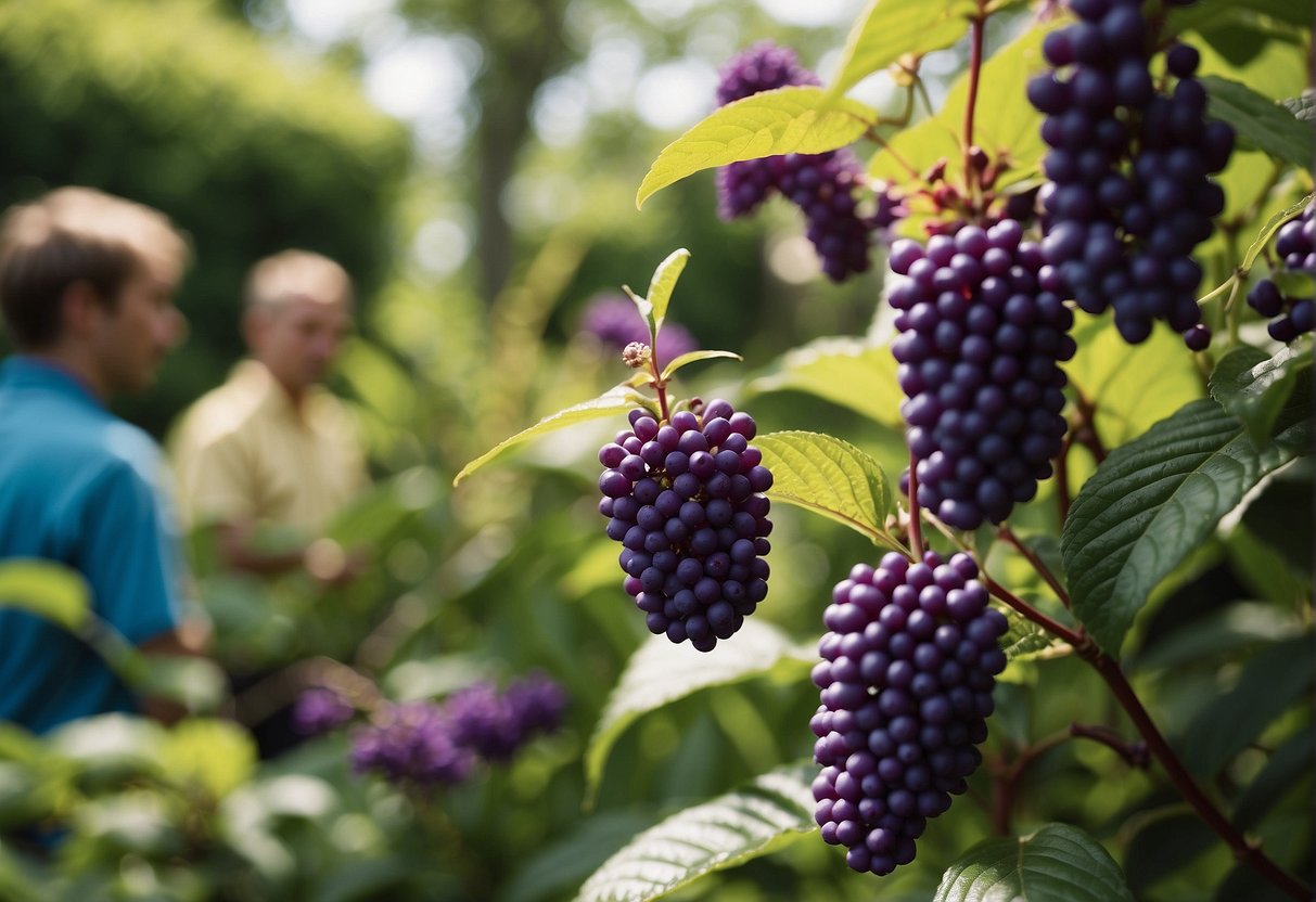 A lush garden with a vibrant American beautyberry bush surrounded by curious onlookers seeking advice on how to grow it