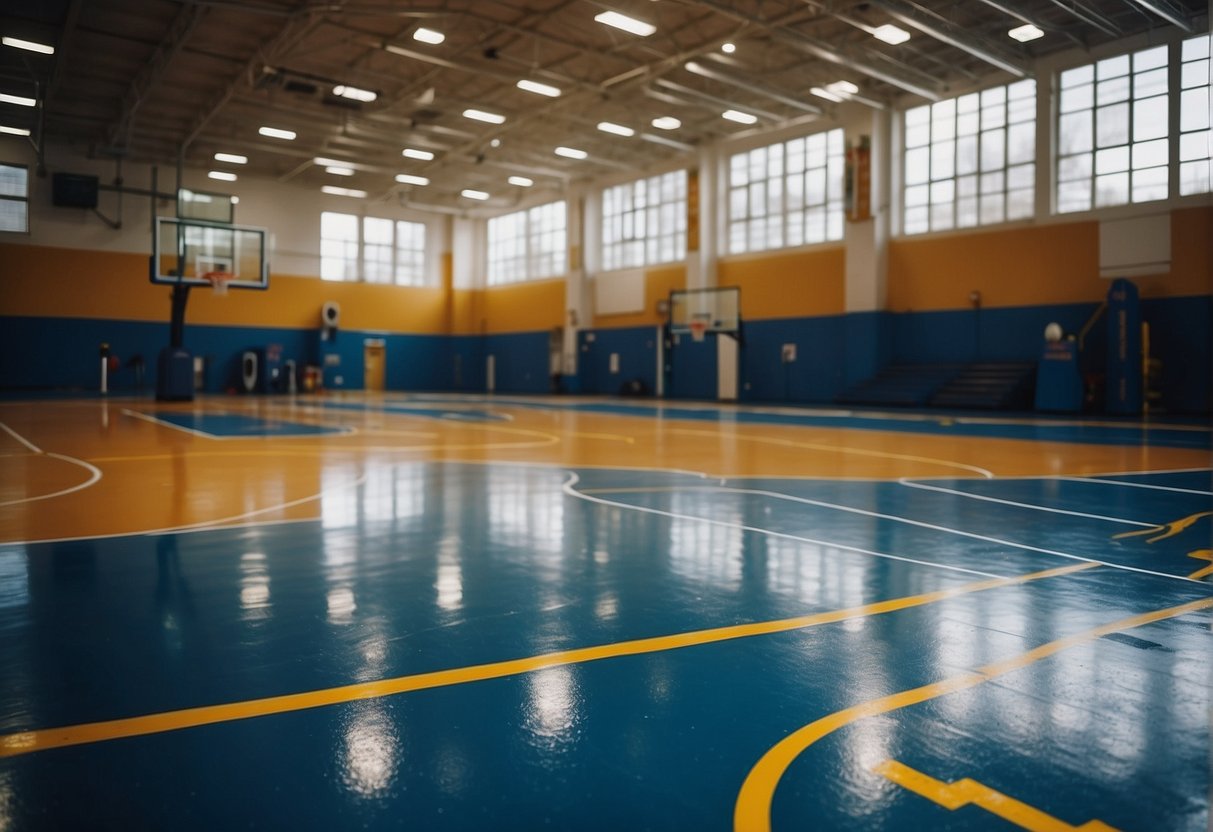 Basketball court with wet floors, players wiping shoes. Caution signs and cleaning equipment nearby for safety