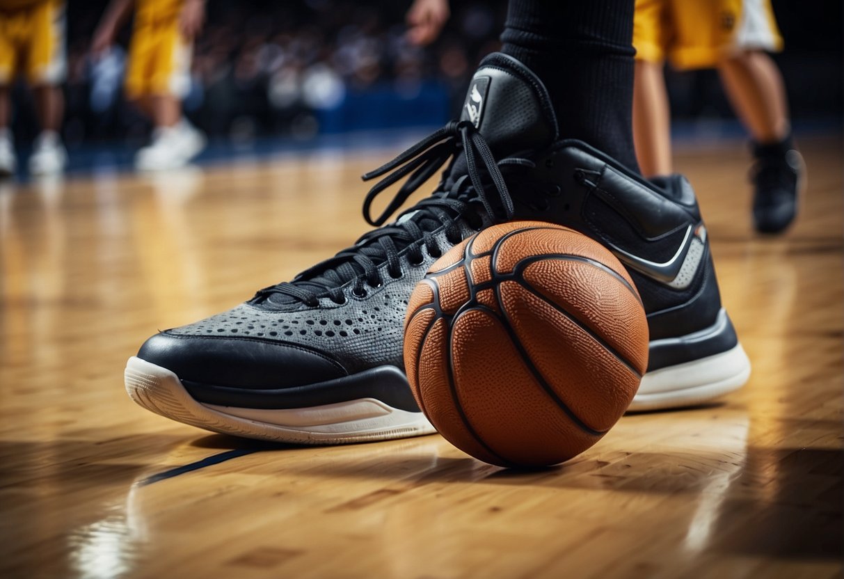 A basketball player wipes their shoes on the court floor before making a move