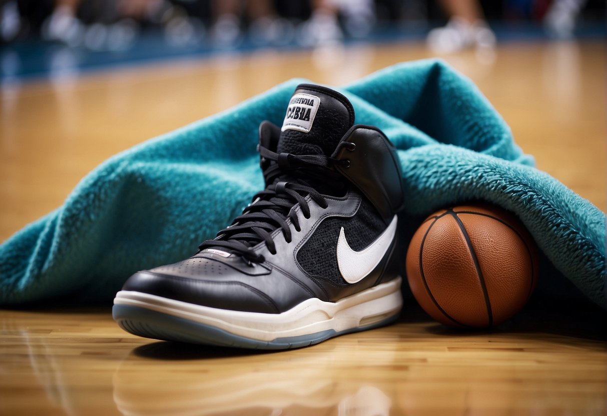 Basketball shoes being wiped on the court with a towel before a game