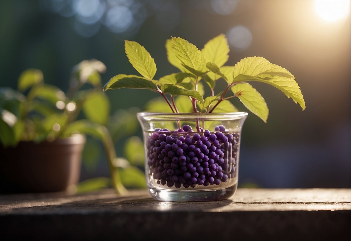 Beautyberry stems in water, roots forming. Pot with moist soil nearby. Bright light illuminates the process