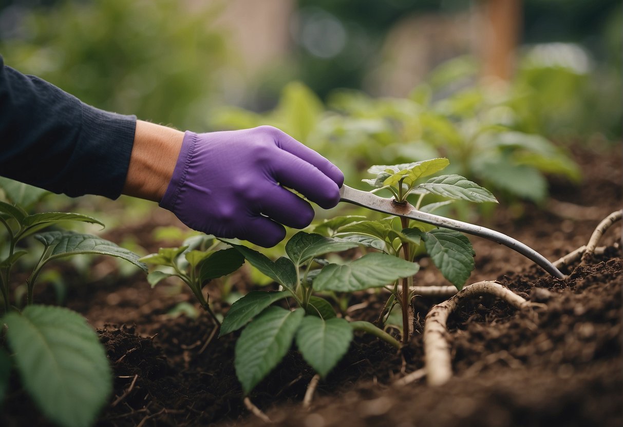 A beautyberry bush being carefully tended to, with a person using gardening tools to gently expose the roots for rooting
