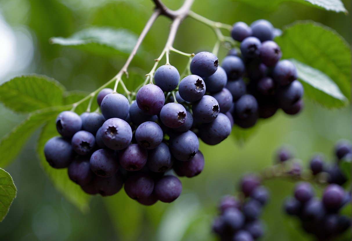 A cluster of vibrant purple berries hangs from slender, arching branches with toothed leaves, set against a backdrop of green foliage