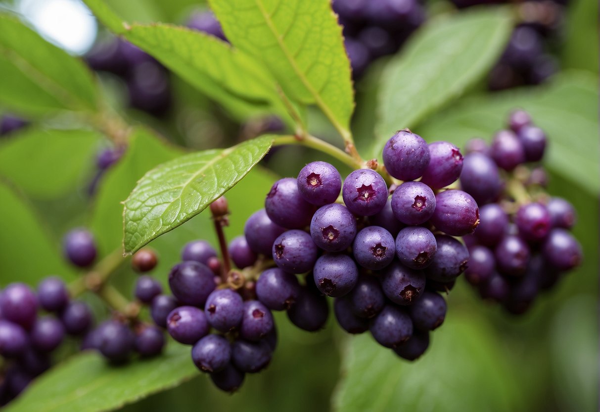 The beautyberry plant has vibrant, glossy green leaves and clusters of small, bright purple berries that encircle the stems, creating a striking visual display