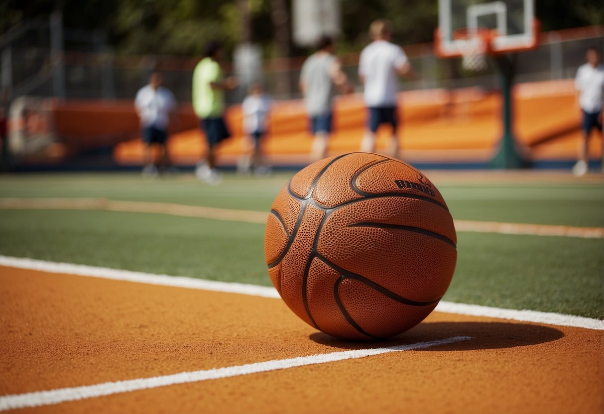 A basketball bounces on a vibrant orange court, contrasting against the green grass. The bright color helps players track the ball's movement and enhances visibility during gameplay