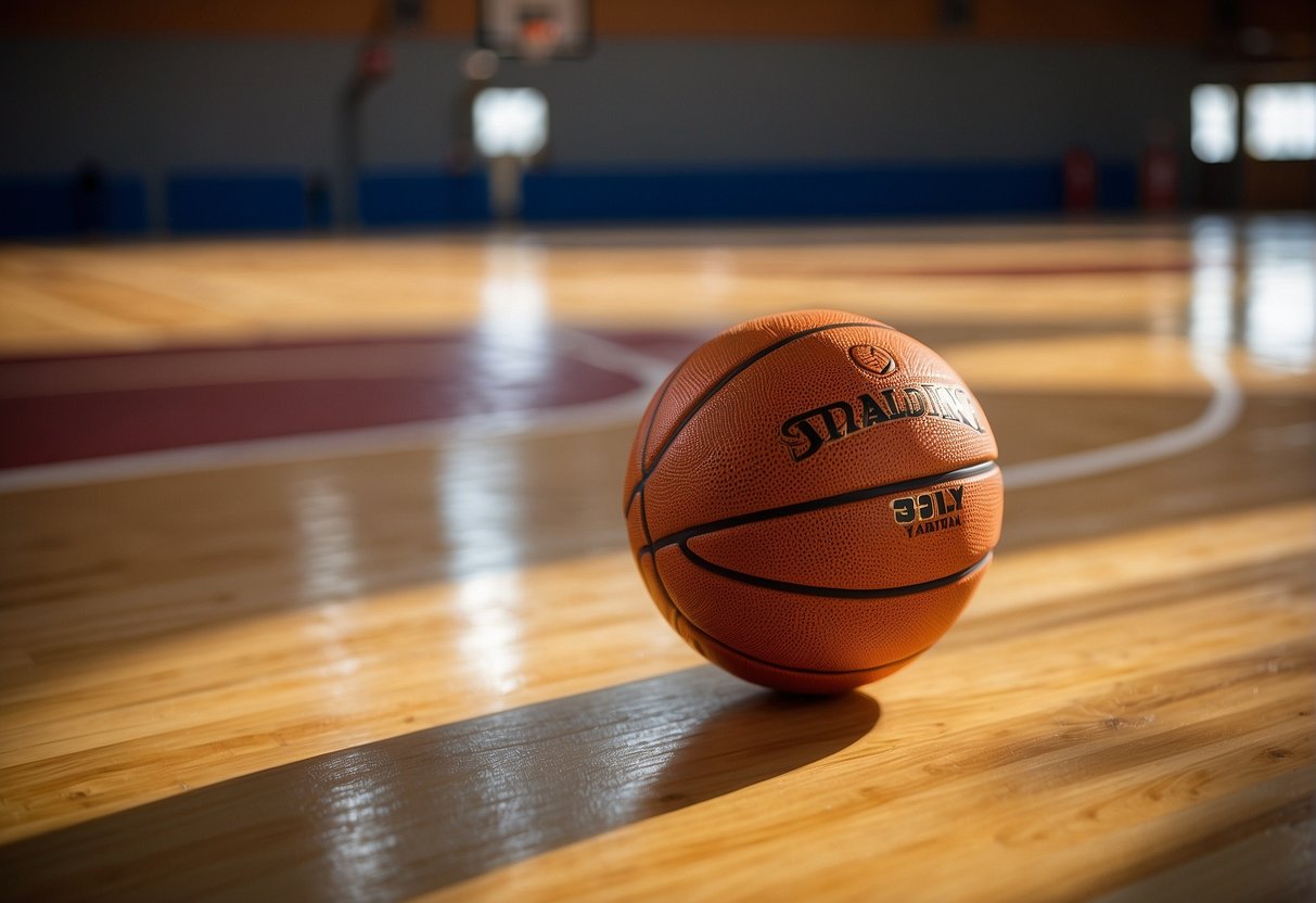 A bright orange basketball sits on a wooden court, its textured surface catching the light. The ball is round and bounces slightly, ready for a game