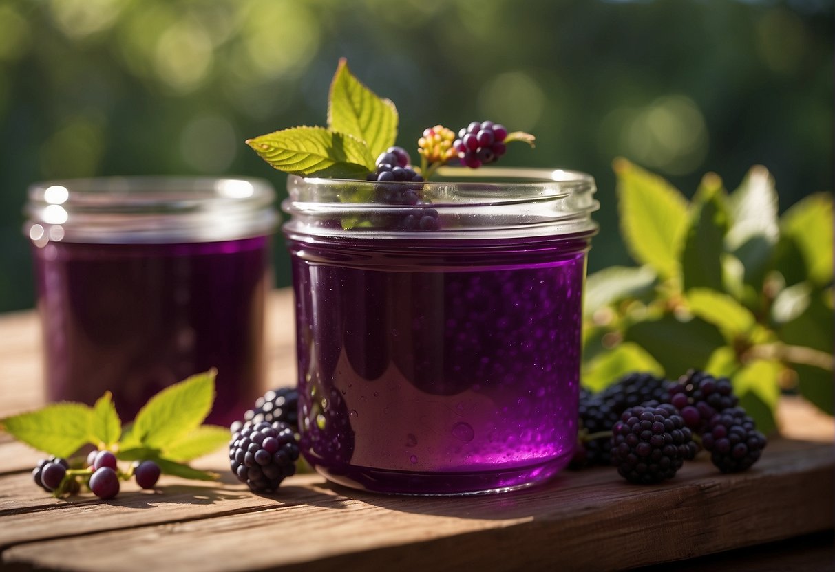 A jar of American beautyberry jelly sits on a rustic wooden table, surrounded by freshly picked beautyberries. The jelly has a vibrant purple color and glistens in the sunlight, evoking a sweet and slightly tart aroma that hints at the taste of