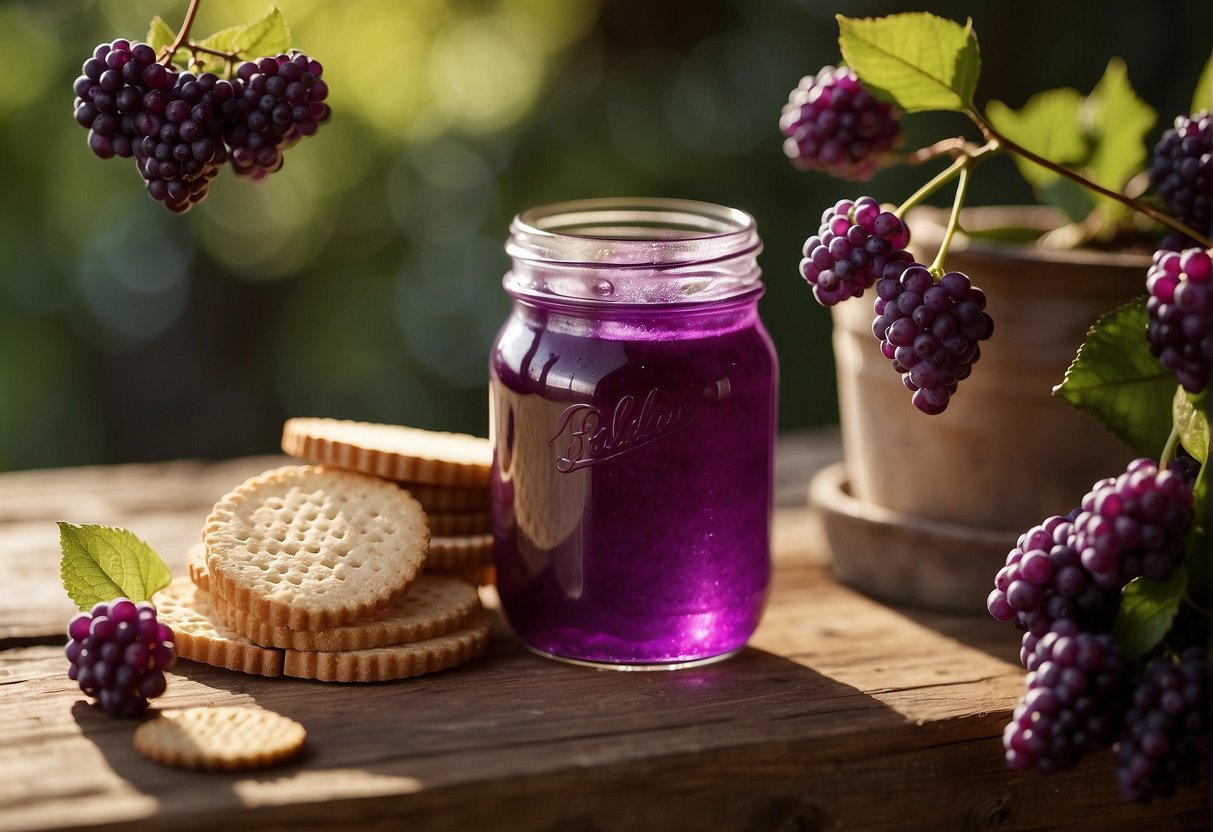 A jar of American beautyberry jelly sits on a rustic wooden table, surrounded by fresh beautyberries and a spread of crackers. The vibrant purple jelly glistens in the sunlight, hinting at its sweet and tart flavor