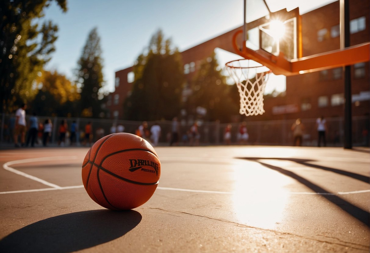 A vibrant orange basketball sits on a sleek court, catching the light. Surrounding it, people engage in lively games, reflecting the market trend of basketball's popularity