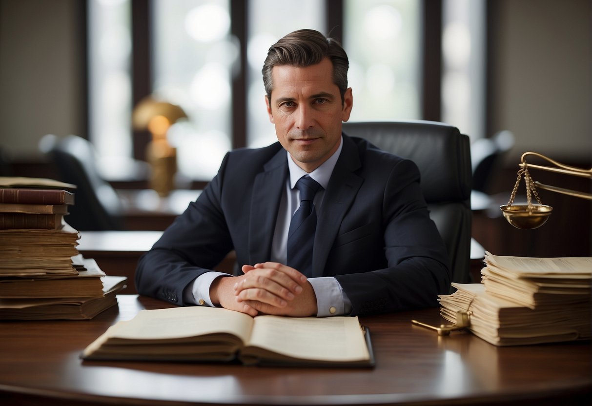 A lawyer sits at a desk with a stack of legal documents, preparing for negotiation. A scale symbolizing fair compensation sits in the background