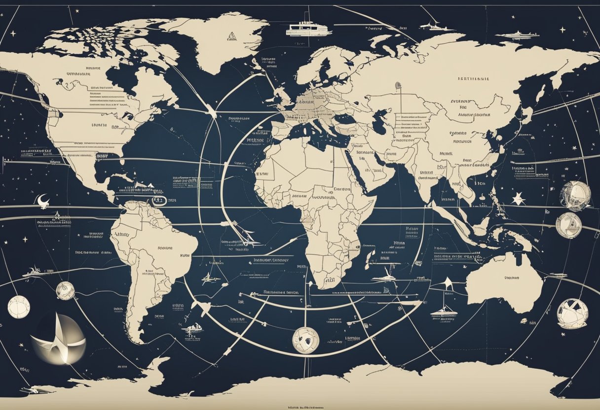 The scene depicts a map with astrological lines overlaying various travel destinations, showcasing how astrocartography can aid in journey planning
