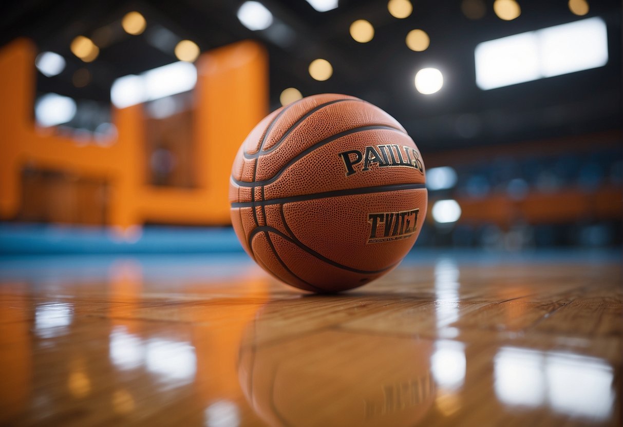 A bright orange basketball sits on a sleek, futuristic court surrounded by high-tech materials and equipment, symbolizing the intersection of technology and sports