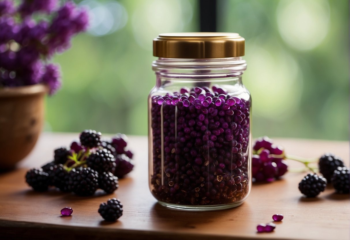 A glass jar filled with crushed beautyberries sits on a wooden table. A dropper hovers above, ready to extract the rich purple tincture