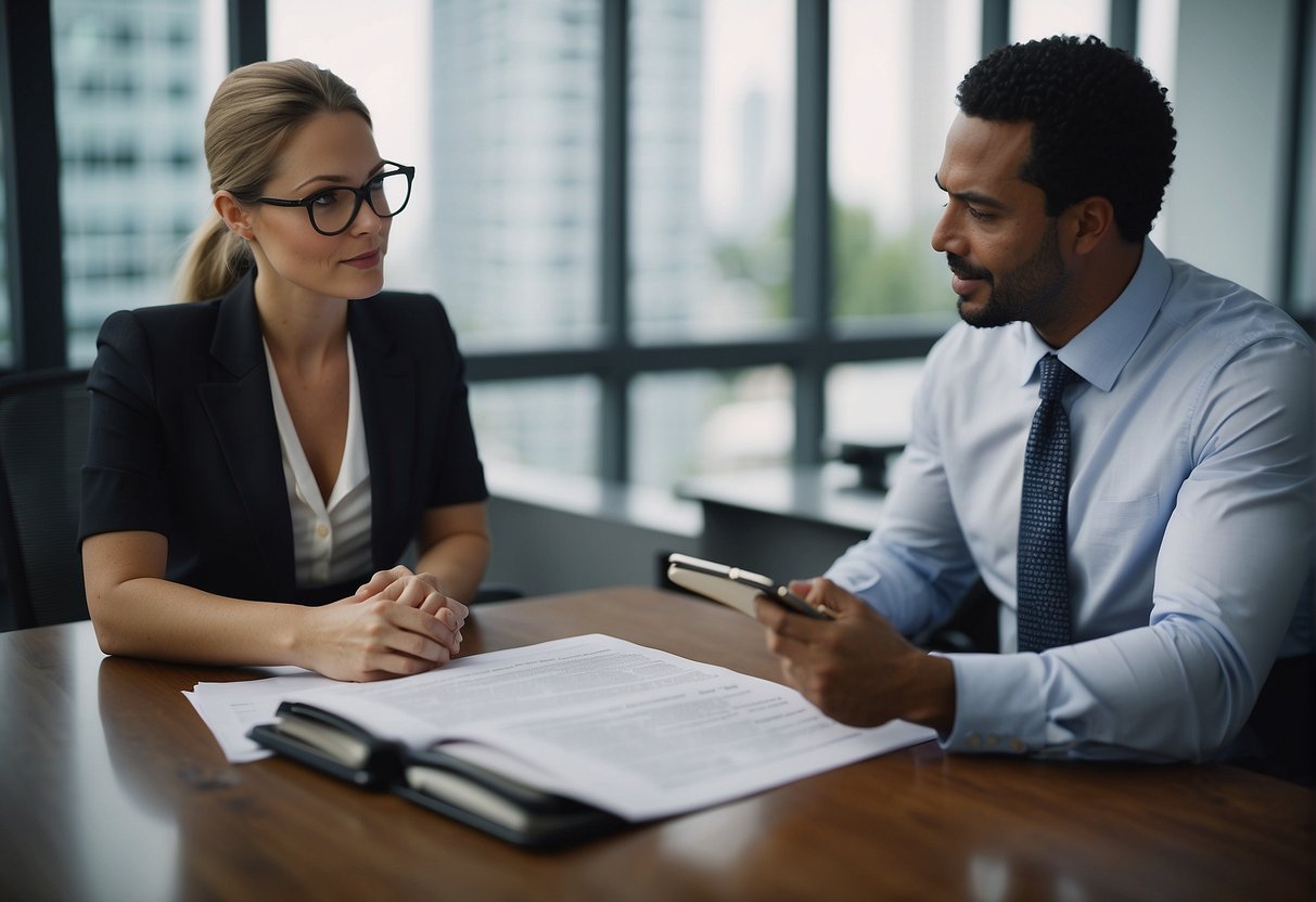 A lawyer and client discussing compensation, reviewing documents, and reaching an agreement in a professional office setting