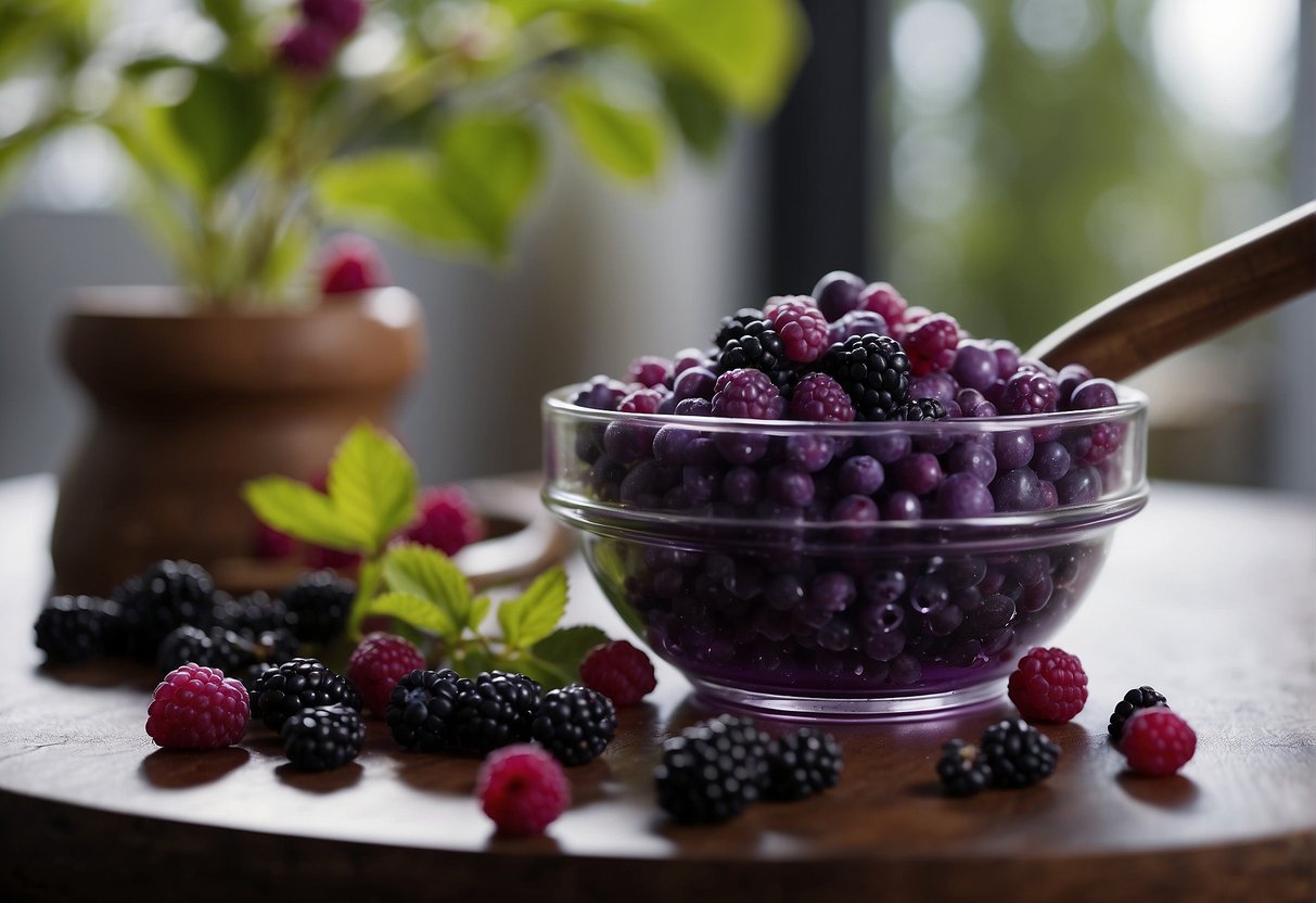 A mortar and pestle crushes beautyberries. A glass jar fills with vibrant purple liquid