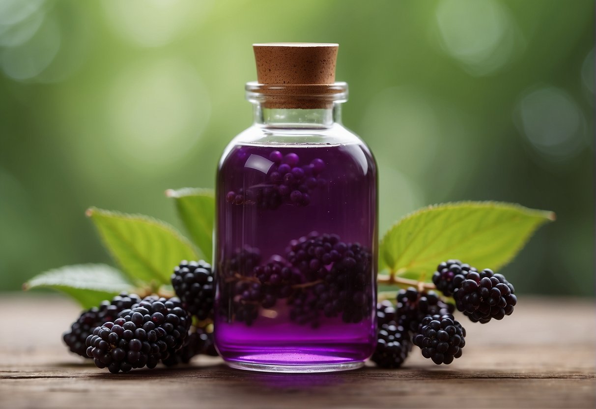 A clear glass bottle filled with vibrant purple beautyberry tincture, surrounded by fresh beautyberry leaves and branches