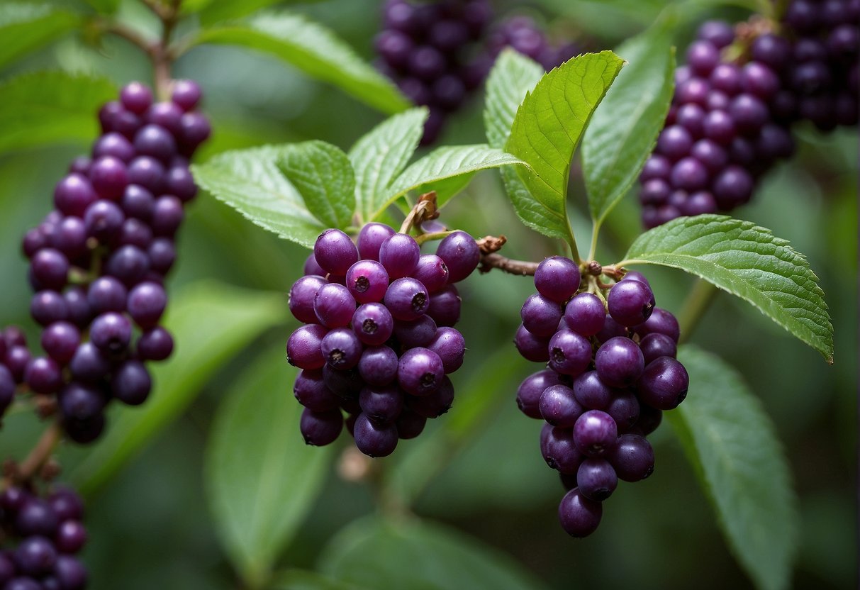 Beautyberry bushes in a lush forest, with vibrant purple berries. Birds, deer, and squirrels feast on the berries