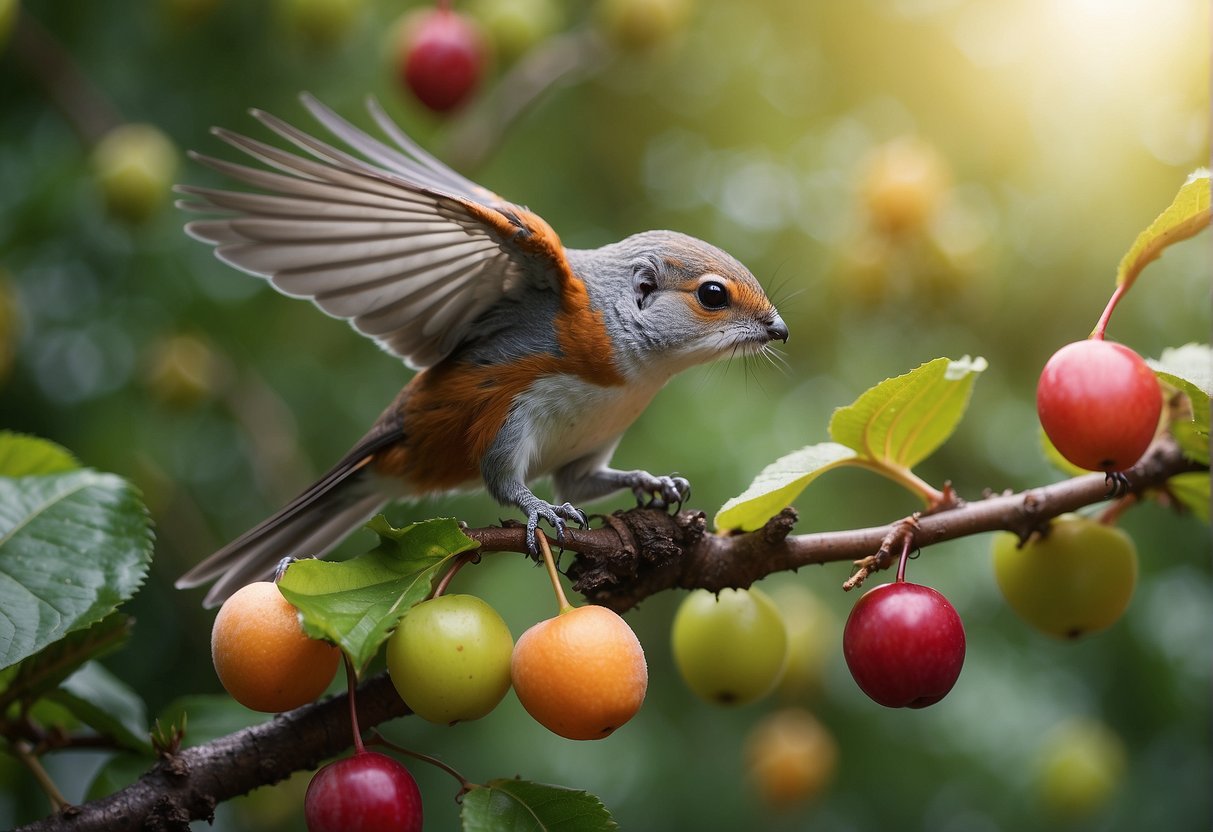 A bird plucks ripe beautyberries from a bush while a squirrel scampers nearby, eyeing the colorful fruits