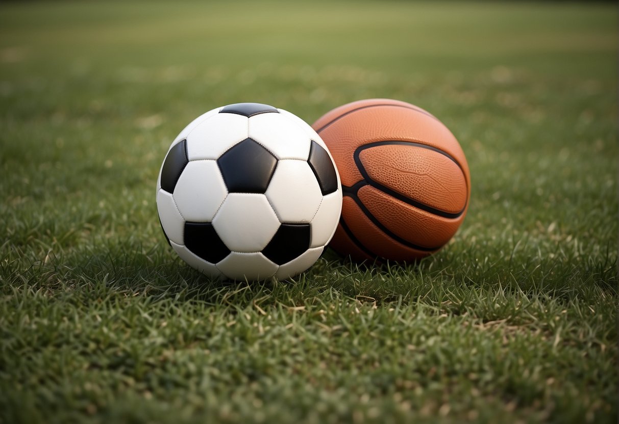 A soccer ball and a basketball sit side by side on a grassy field and a court, inviting comparison