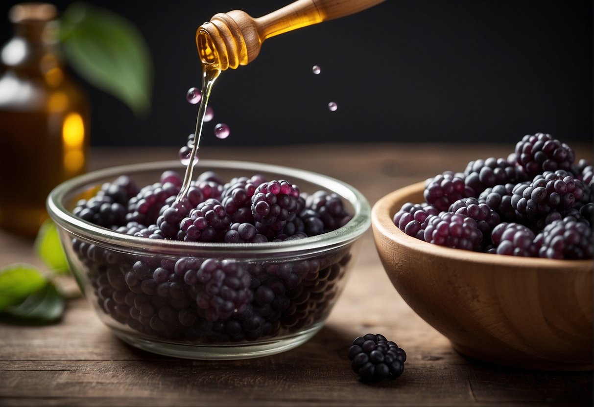 A mortar and pestle crush beautyberries. Liquid strained into a bottle. Label reads "Beautyberry Insect Repellent."
