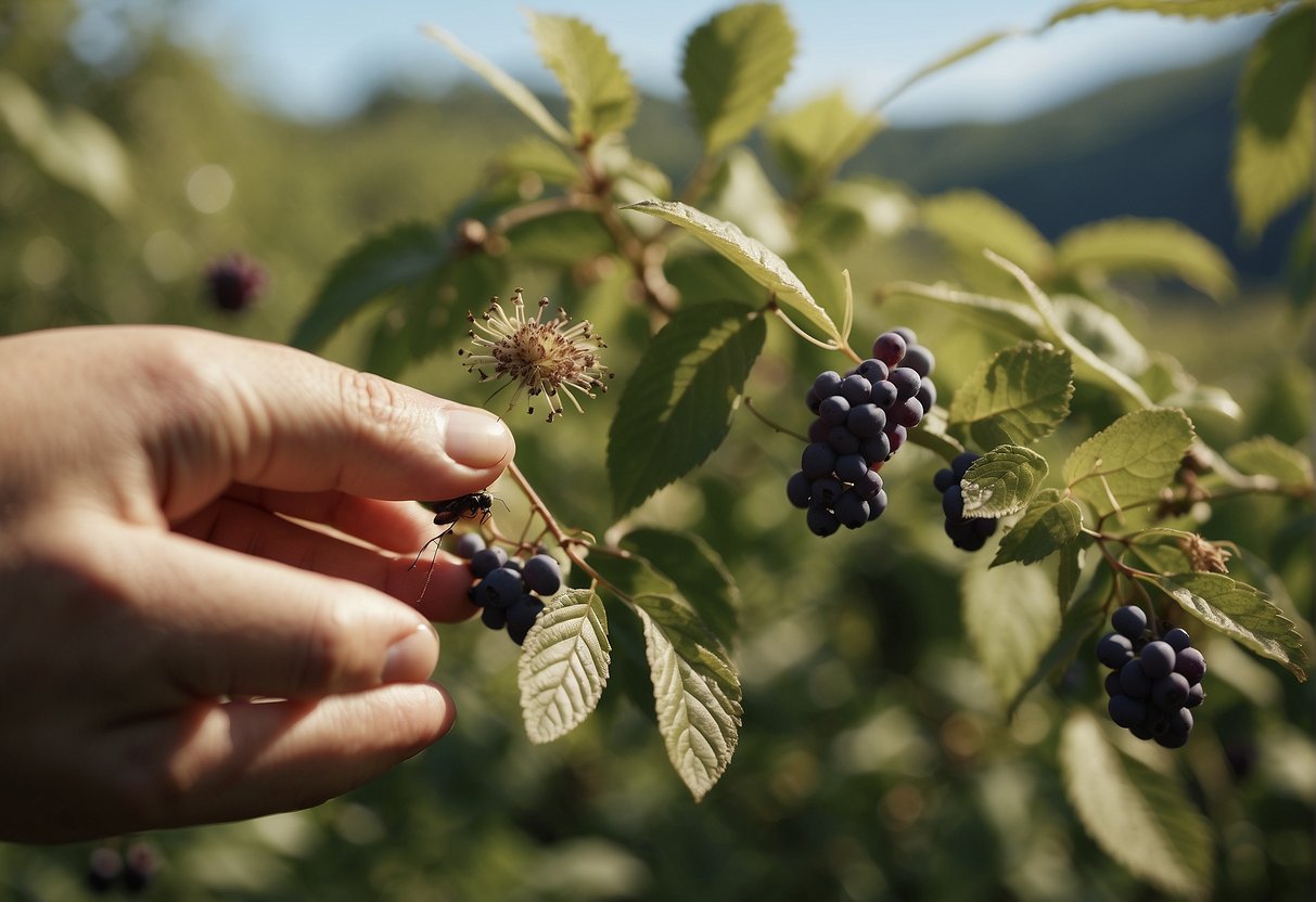 A hand reaching for beautyberries while insects fly away