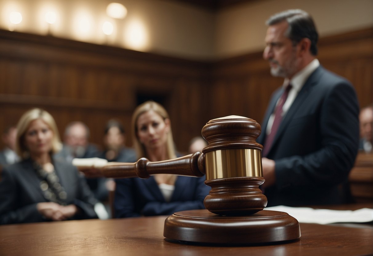 A courtroom scene with evidence being presented to determine compensation for personal injury claims. Lawyers and judges are engaged in discussion