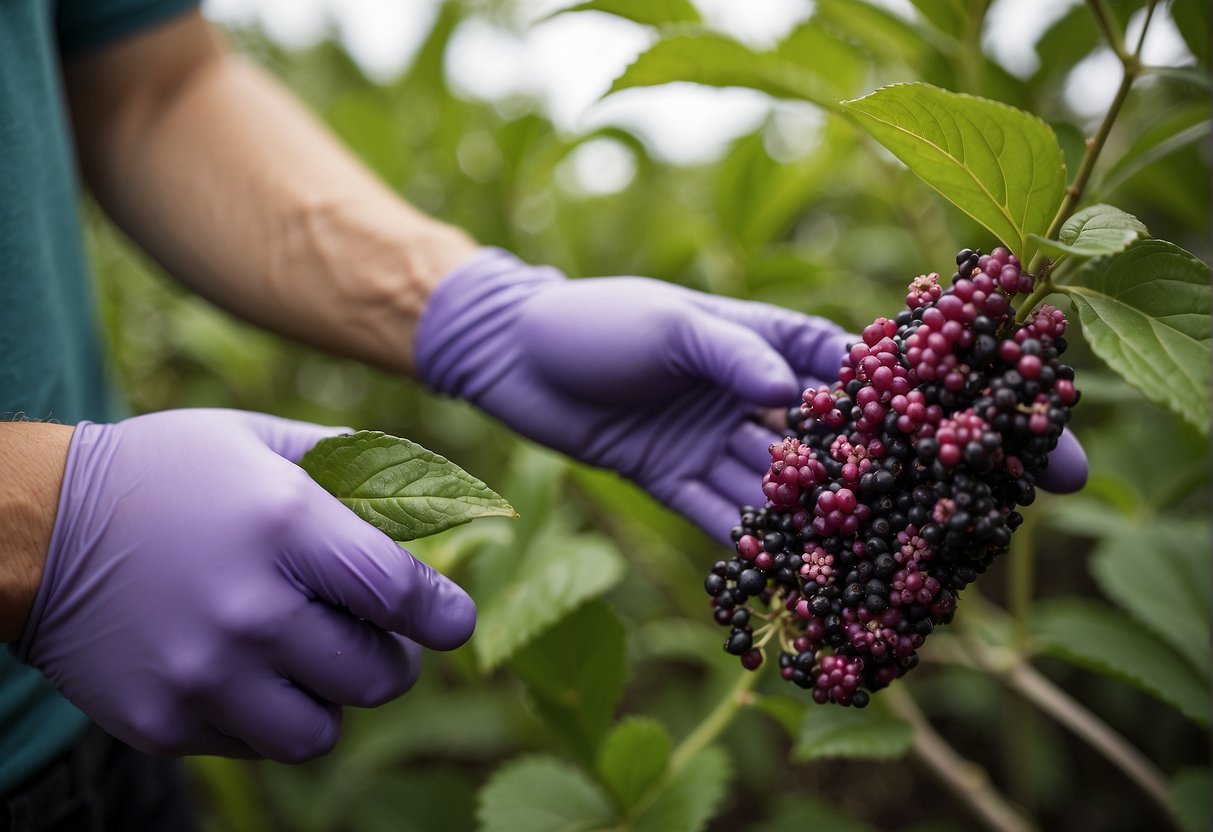 A pair of gardening gloves holds a small section of a beautyberry bush, ready to be planted in a new location
