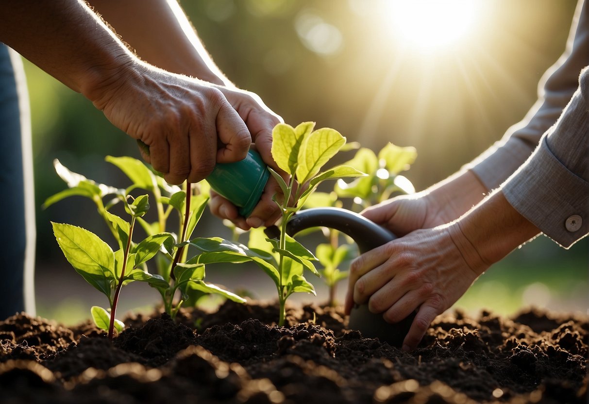 A pair of hands planting beautyberry cuttings in rich soil, with a watering can nearby and sunlight streaming through the leaves
