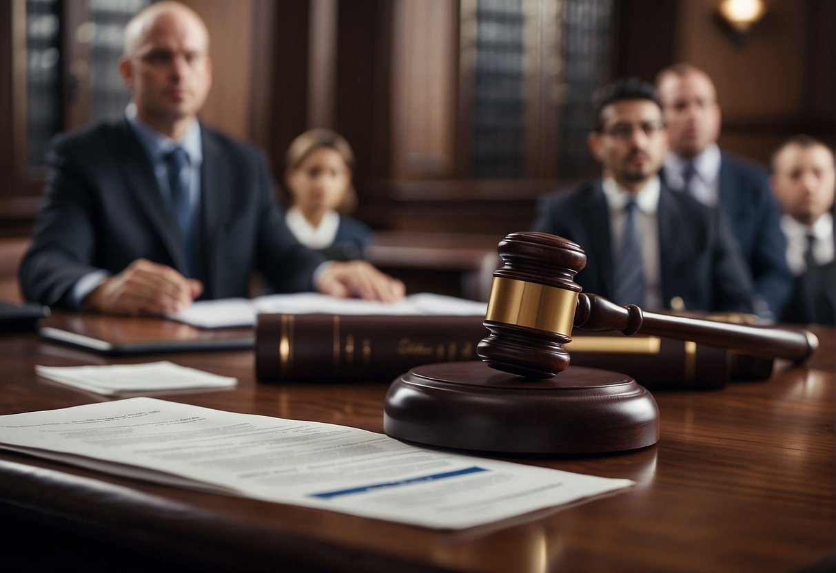 A courtroom with lawyers presenting evidence, such as medical records and accident reports, to determine compensation for personal injury claims