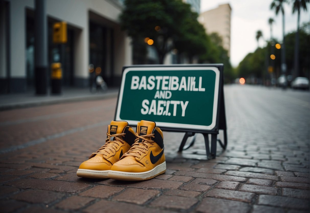 A pair of basketball shoes placed next to a "Health and Safety Considerations While Walking" sign