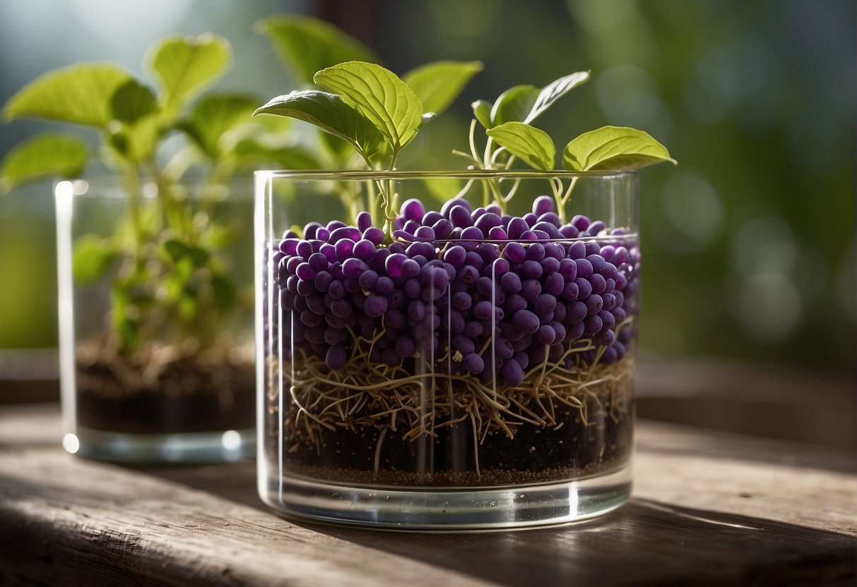 Lush beautyberry cuttings in a glass of water, with roots forming. Seeds in soil trays with new growth emerging