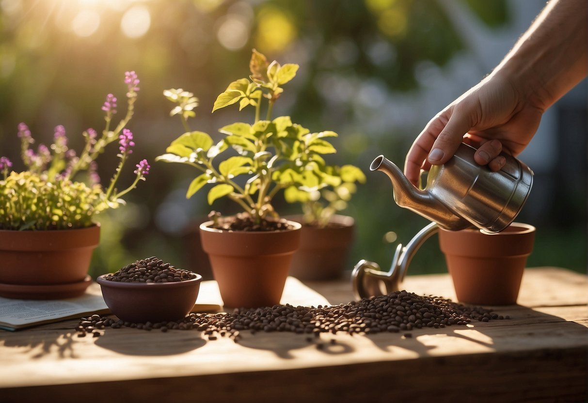 Bright sunlight shines on a table with small pots, soil, and beautyberry seeds. A hand reaches for a watering can nearby. A book with "Propagation Guide" sits open