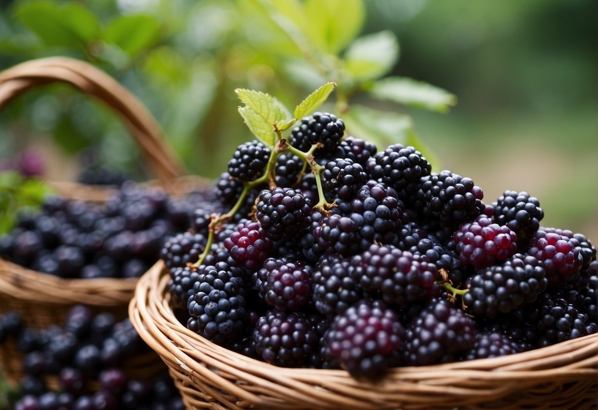 Ripe beautyberries being plucked from branches, placed in a basket, and then crushed to extract their vibrant purple juices for use