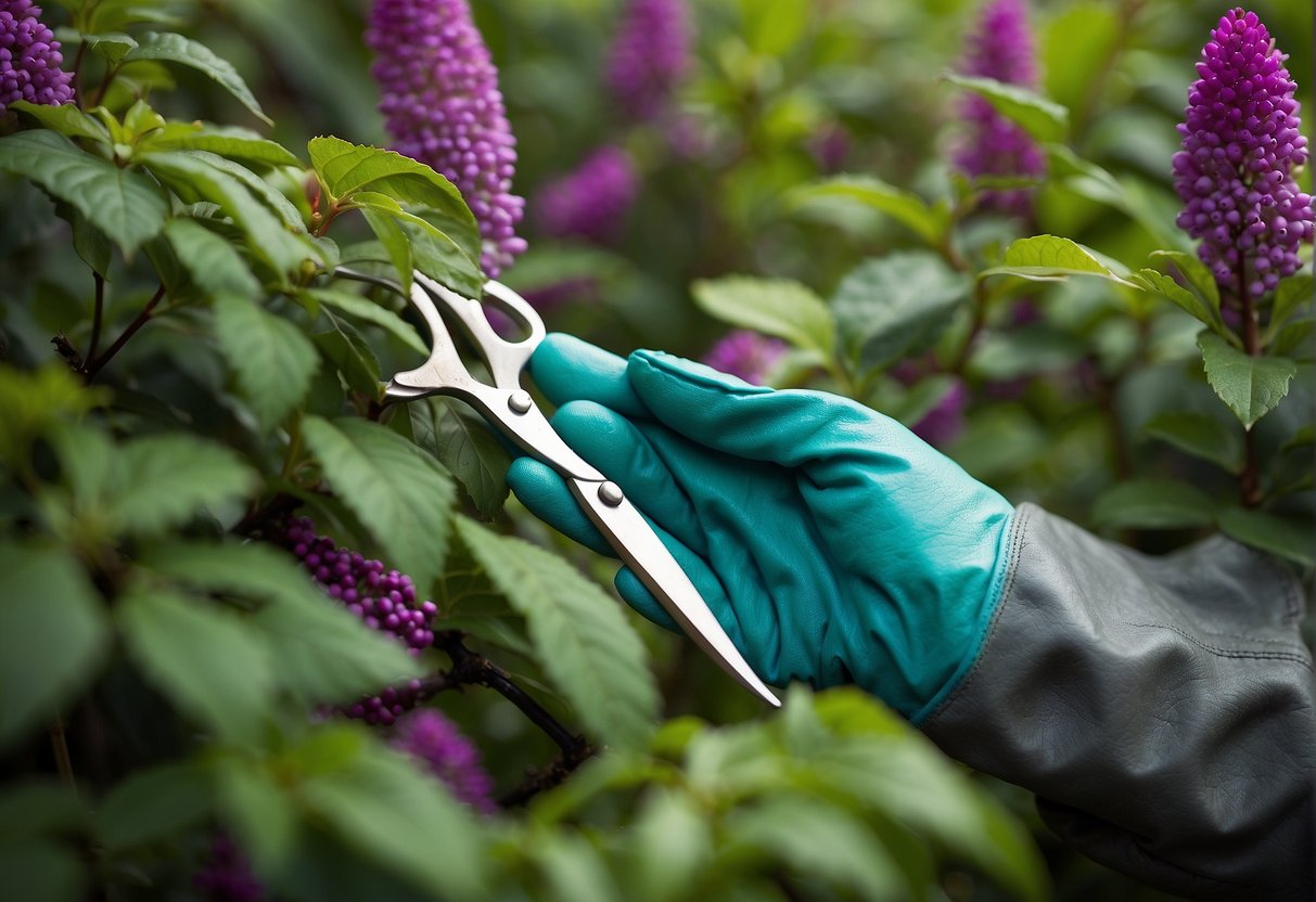 A pair of gardening gloves holding a pair of garden shears, surrounded by vibrant clusters of beautyberry bushes in a lush garden setting