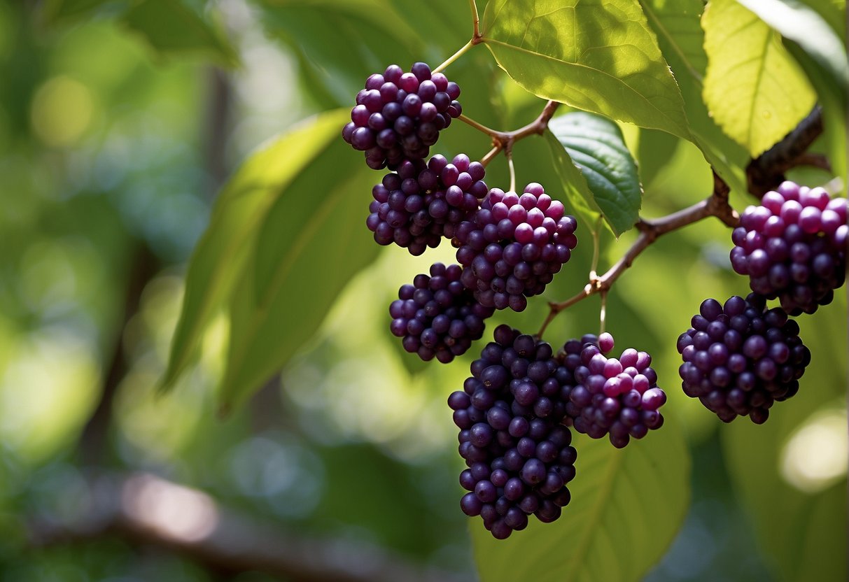 A cluster of American beautyberry branches, with vibrant purple berries, surrounded by lush green leaves, set against a backdrop of dappled sunlight filtering through the trees