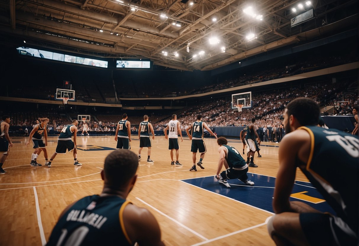 Players stretching, visualizing success, and studying opponents' strategies before a basketball game