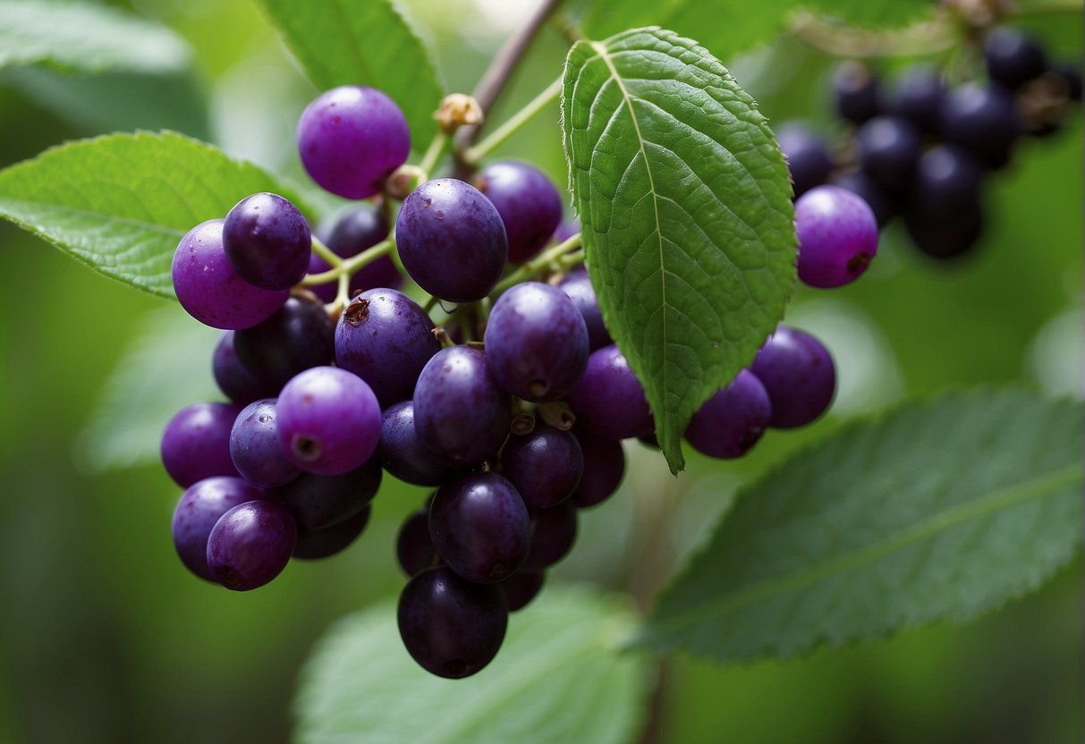 American beautyberry: A cluster of bright purple berries nestled among vibrant green leaves in a shady woodland habitat