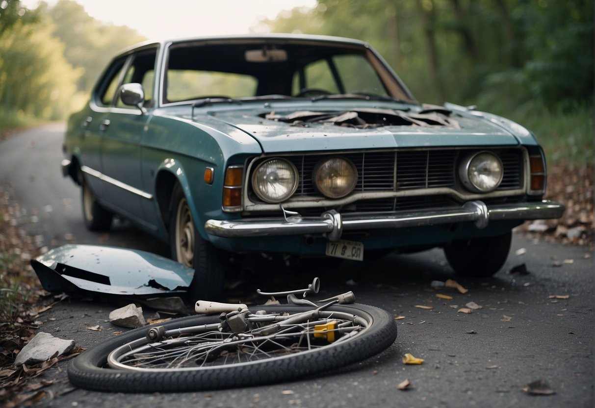 A broken car sits abandoned on the side of the road, surrounded by shattered glass and debris. Nearby, a damaged bicycle lays on the ground, its twisted frame a stark reminder of the impact of personal injury