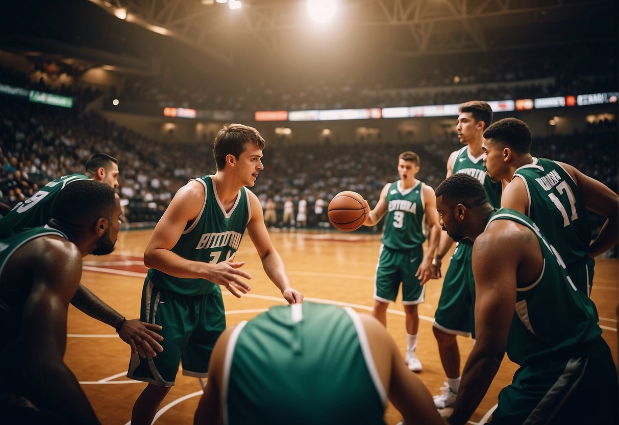 Players strategize and execute plays, demonstrating teamwork and skill, to secure a victory in a basketball game