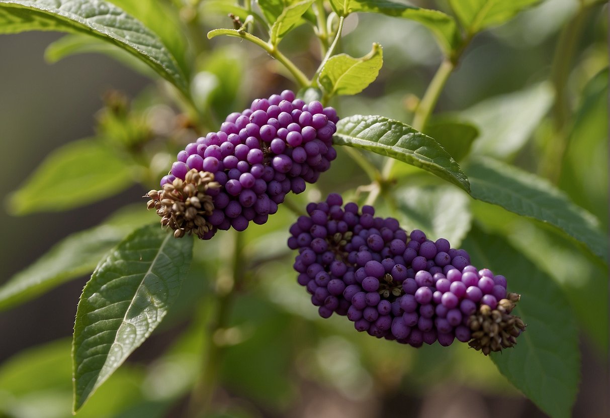 The beautyberry bush is being carefully pruned and its cuttings are being dipped in rooting hormone before being planted in moist soil