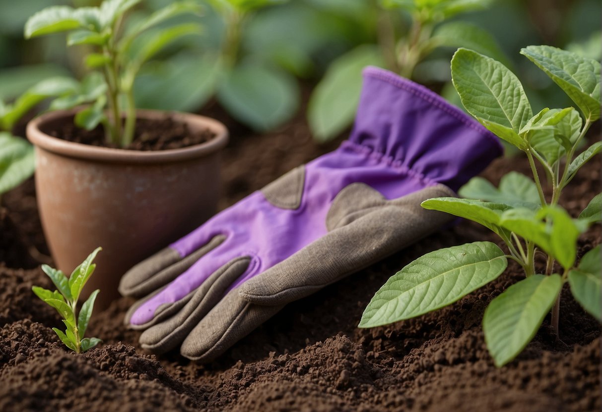 A pair of gardening gloves holds a small beautyberry bush cutting. A hand trowel and a pot of soil sit nearby, ready for propagation