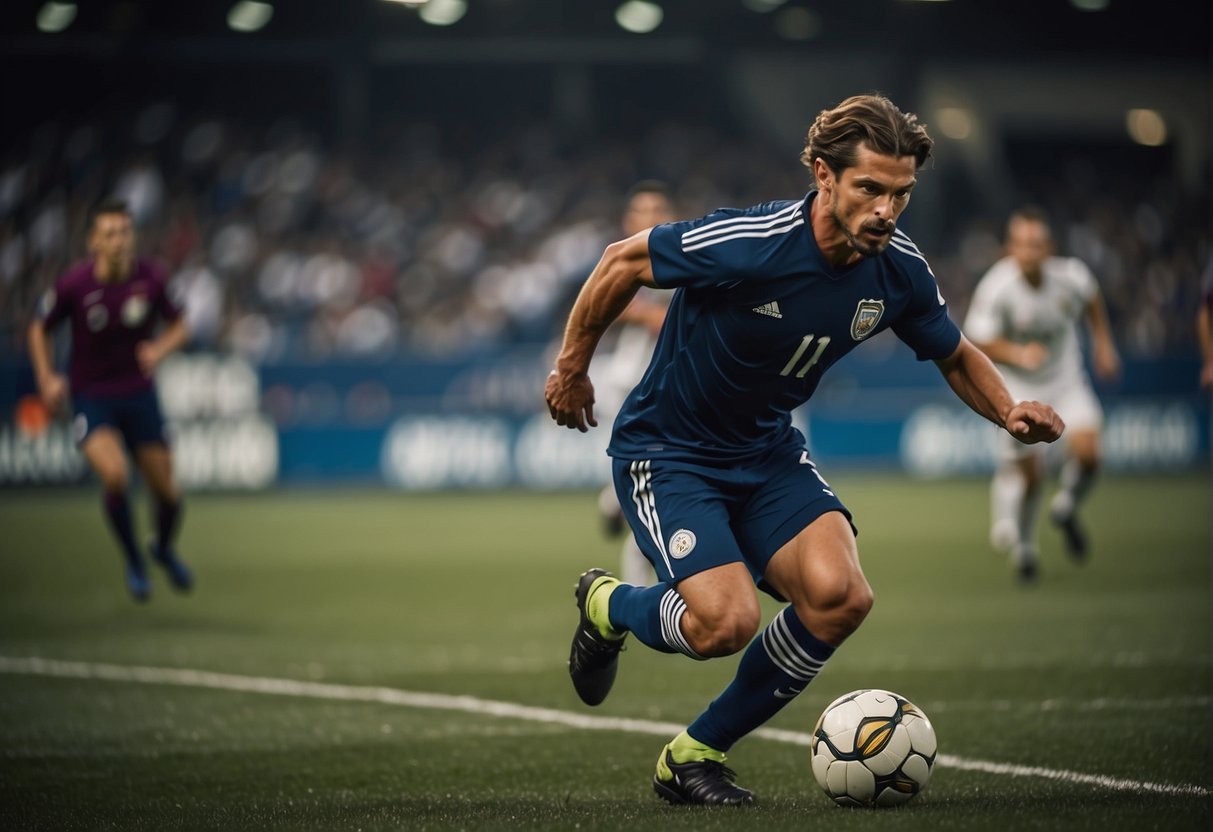 A soccer player sprinting with precision and agility, navigating through opponents with quick footwork and executing powerful kicks towards the goal