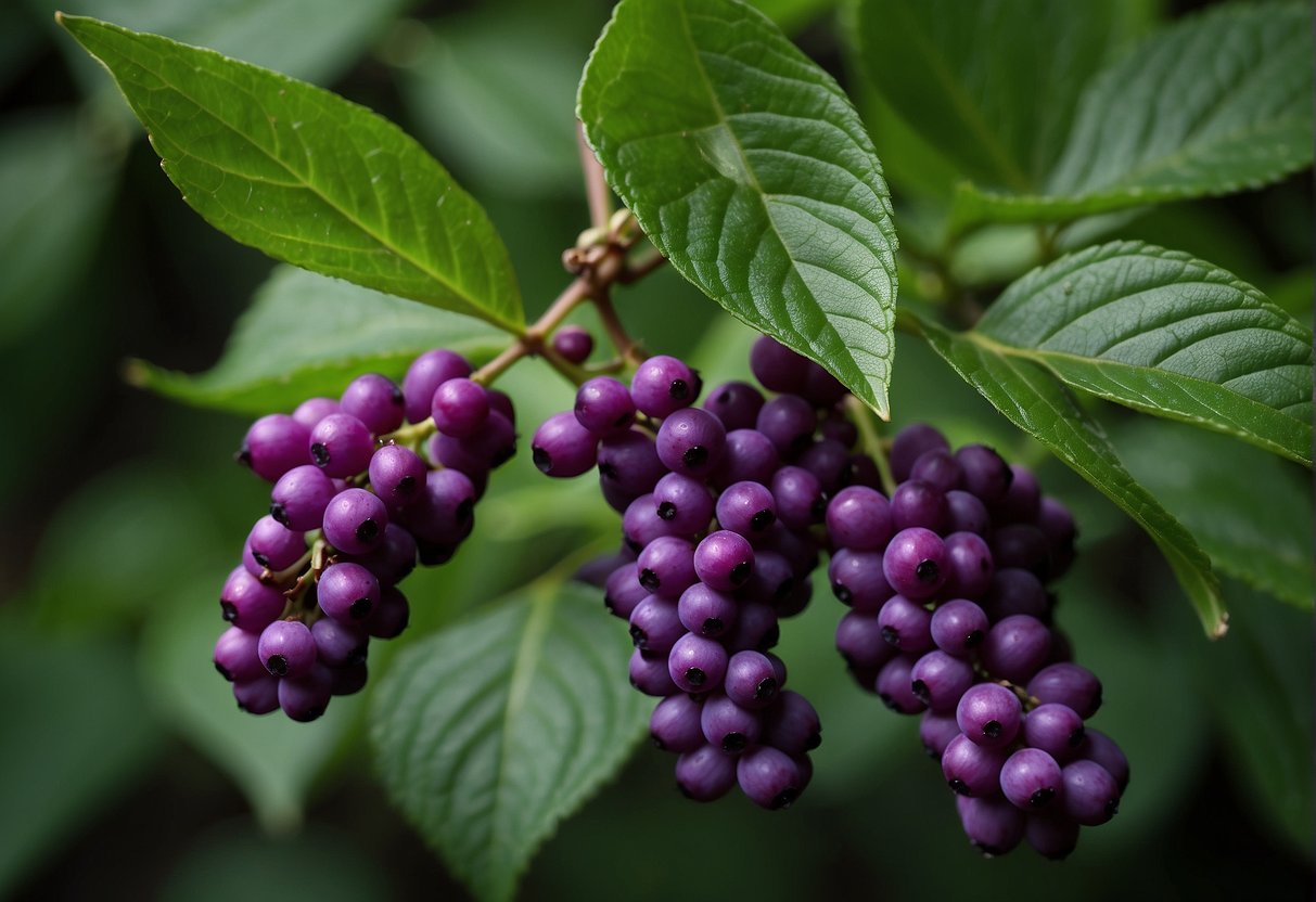 Beautyberry blooms in late spring, displaying clusters of small, vibrant purple berries against dark green foliage. The plant's arching branches create a picturesque and bountiful scene