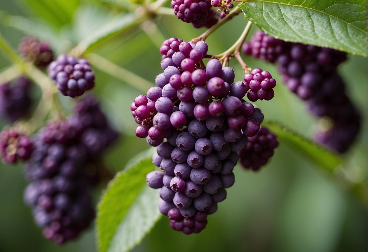 Beautyberry blooms in late summer, with clusters of small, vibrant purple berries. The plant requires regular watering and well-drained soil for optimal growth