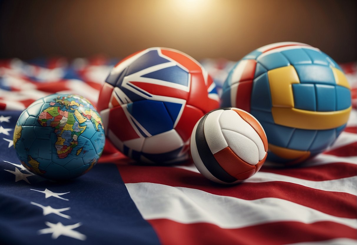 A soccer ball and a basketball sit side by side on a global map, surrounded by flags from different countries