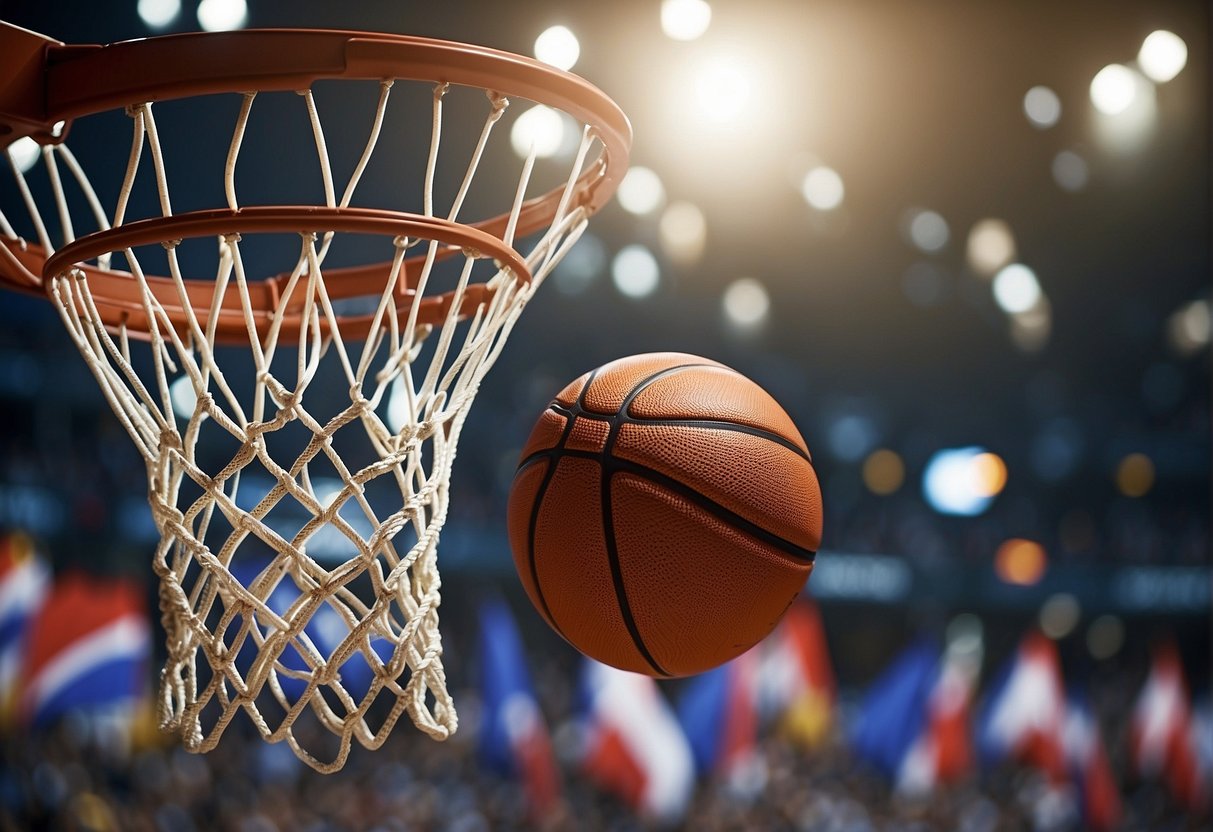 A basketball soaring through a net, surrounded by diverse flags and cheering fans, symbolizing the global reach and popularity of the sport