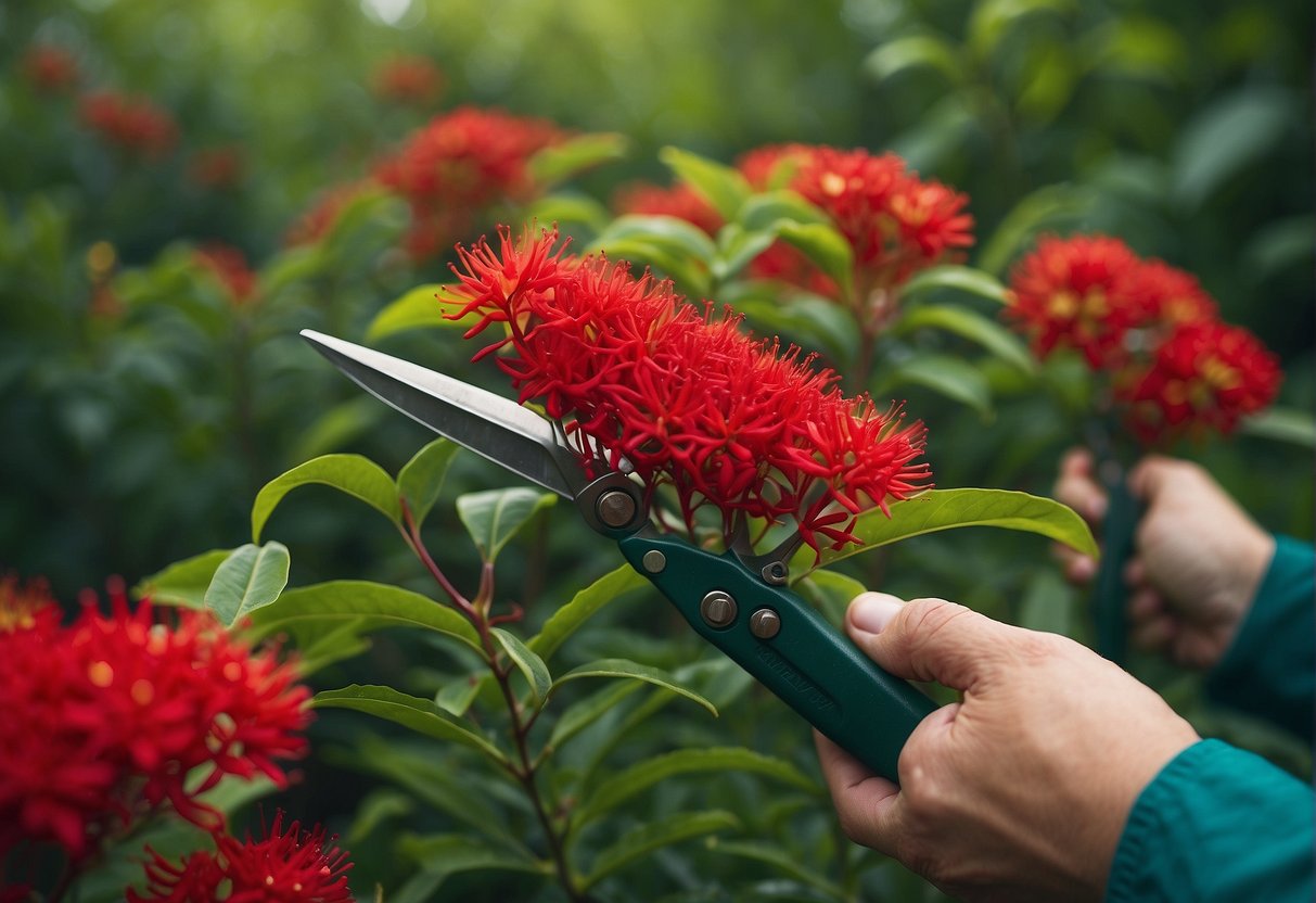 A pair of pruning shears cutting back a vibrant firebush plant with precision and care. Green leaves and red flowers surround the focused hands