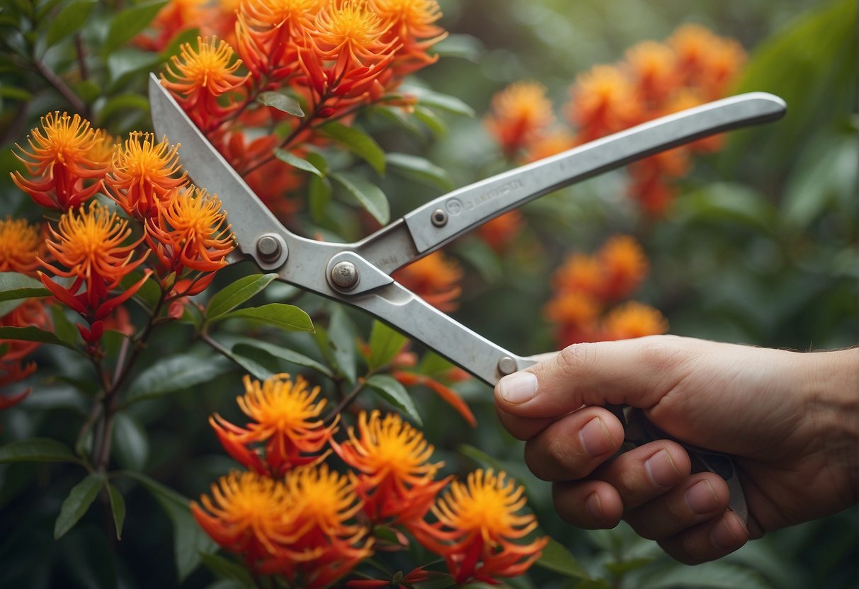 A pair of gardening shears trimming back a vibrant firebush plant